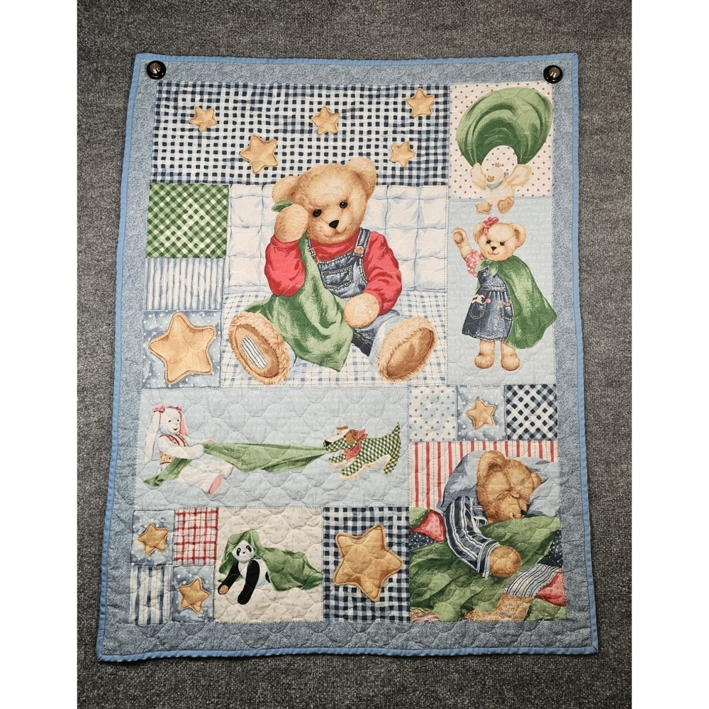 Vintage Blue Jean Teddy Bear Baby Blanket Quilt Bunny Duck Panda Stars 32"x42